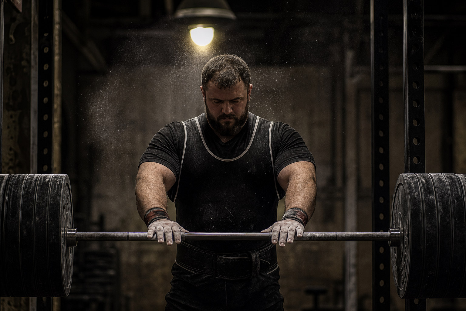 Chalk-dusted hands resting on a loaded barbell in a dim powerlifting gym, heavy plates blurred in background