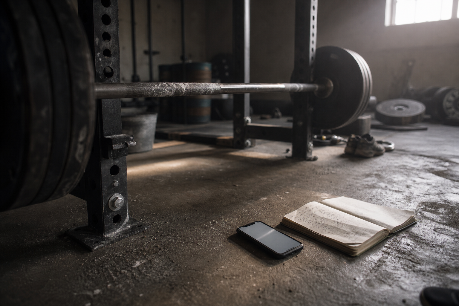 Barbell in a dim garage gym, phone showing a blank screen beside a handwritten training notebook.