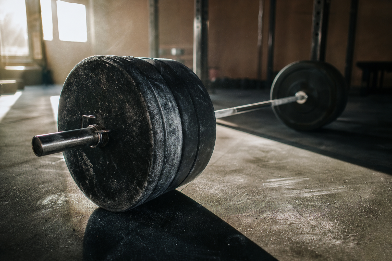 A loaded barbell resting on a gym floor in hard morning light