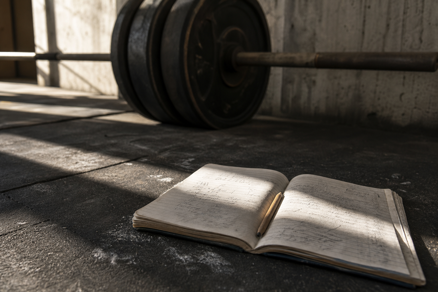 Chalk-dusted training notebook open on a gym floor, loaded barbell blurred in background, raking afternoon light.
