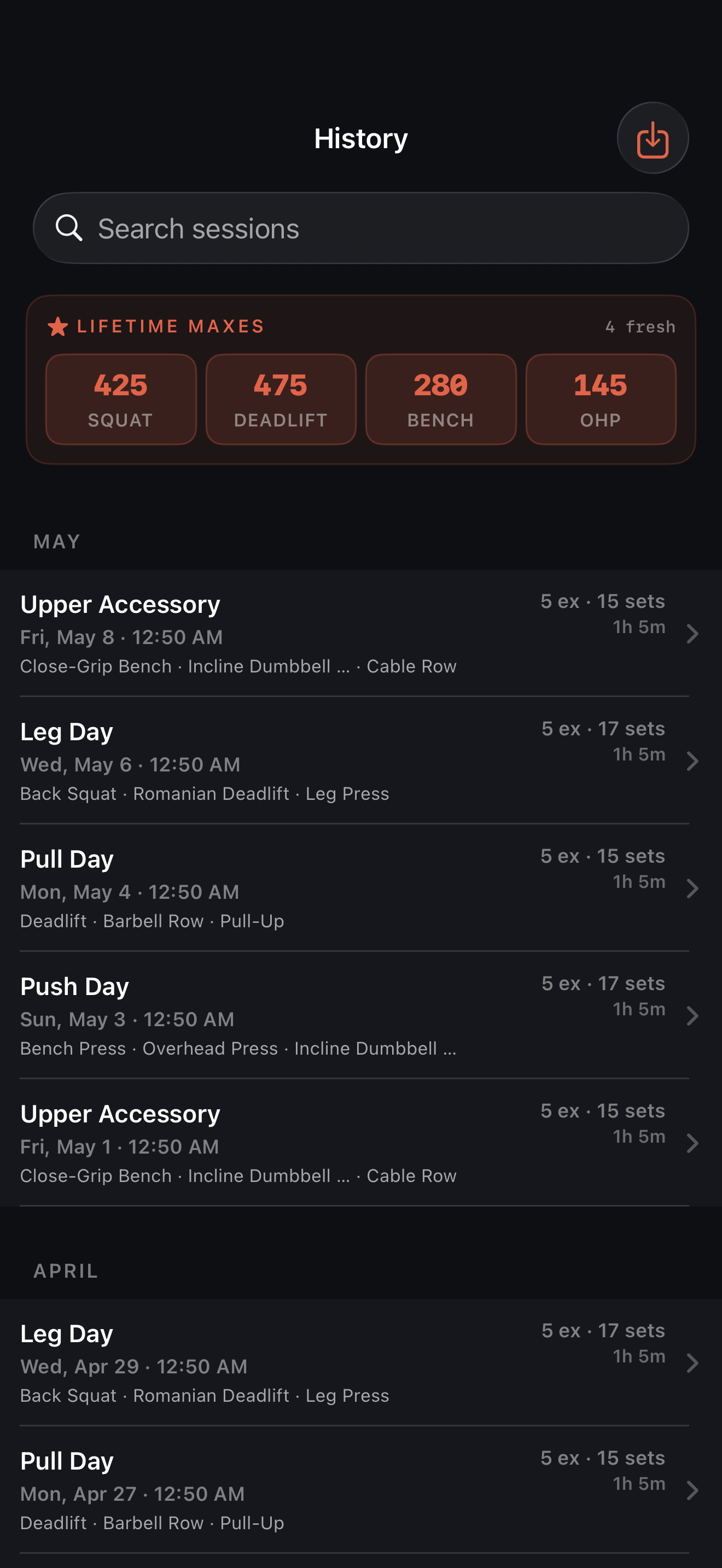 Platepusher History screen showing multi-year workout log